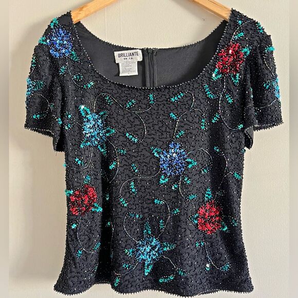 Vintage Brilliante Beaded Sequin Party Top M–L Black Floral Scoop Neck 80’s - Picture 1 of 12